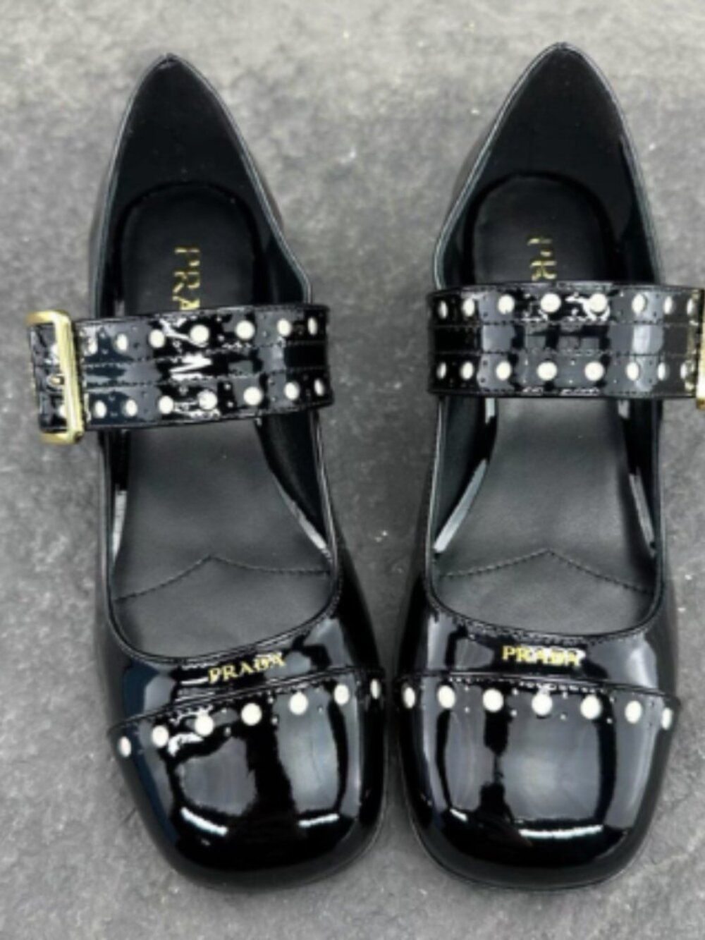 Prada Black Patent Leather Studded Mary Jane Flats